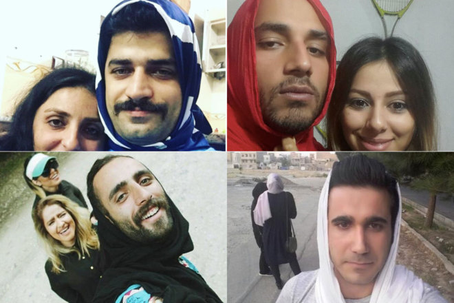 Protestan hombres iraníes contra velo